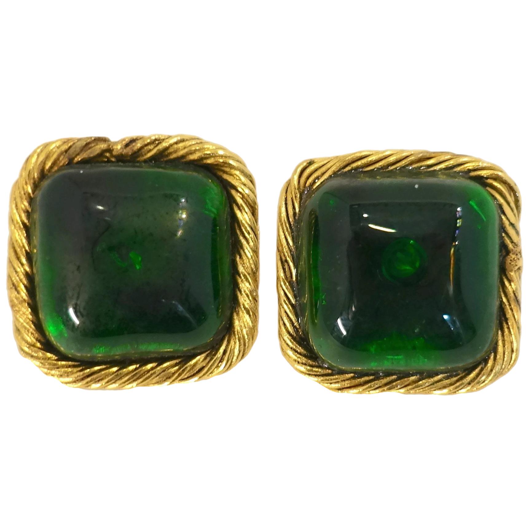 Vintage Signed Chanel 23 Emerald Gripoix Glass Earrings