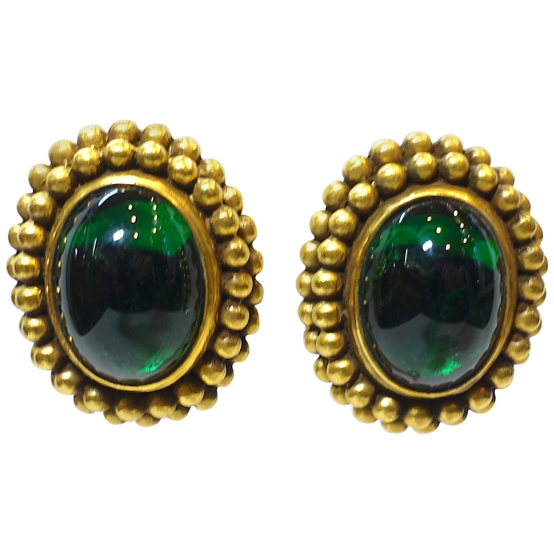 Vintage Signed Yves St. Laurent Green Gripoix Glass Earrings For Sale