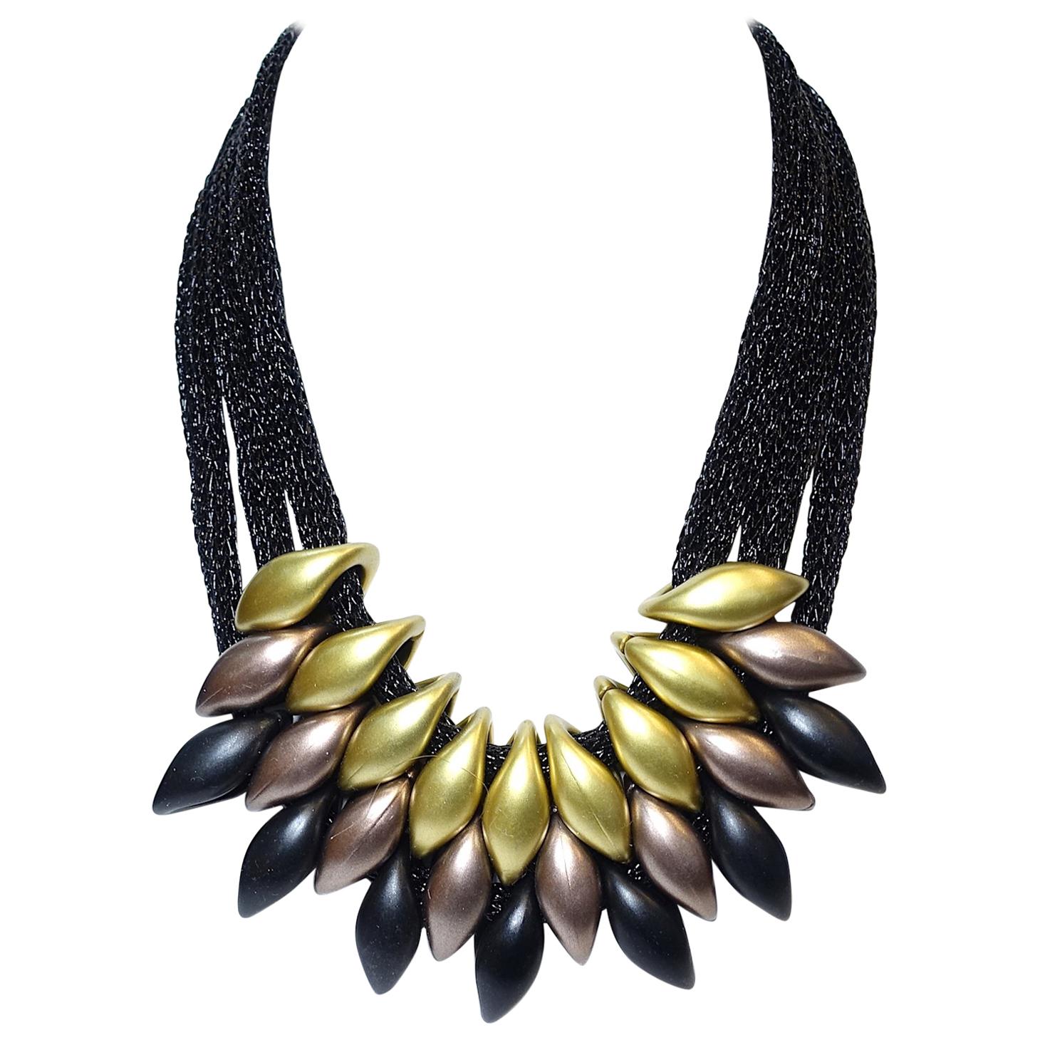 3-Strand Gold, Black, Copper Bib Necklace
