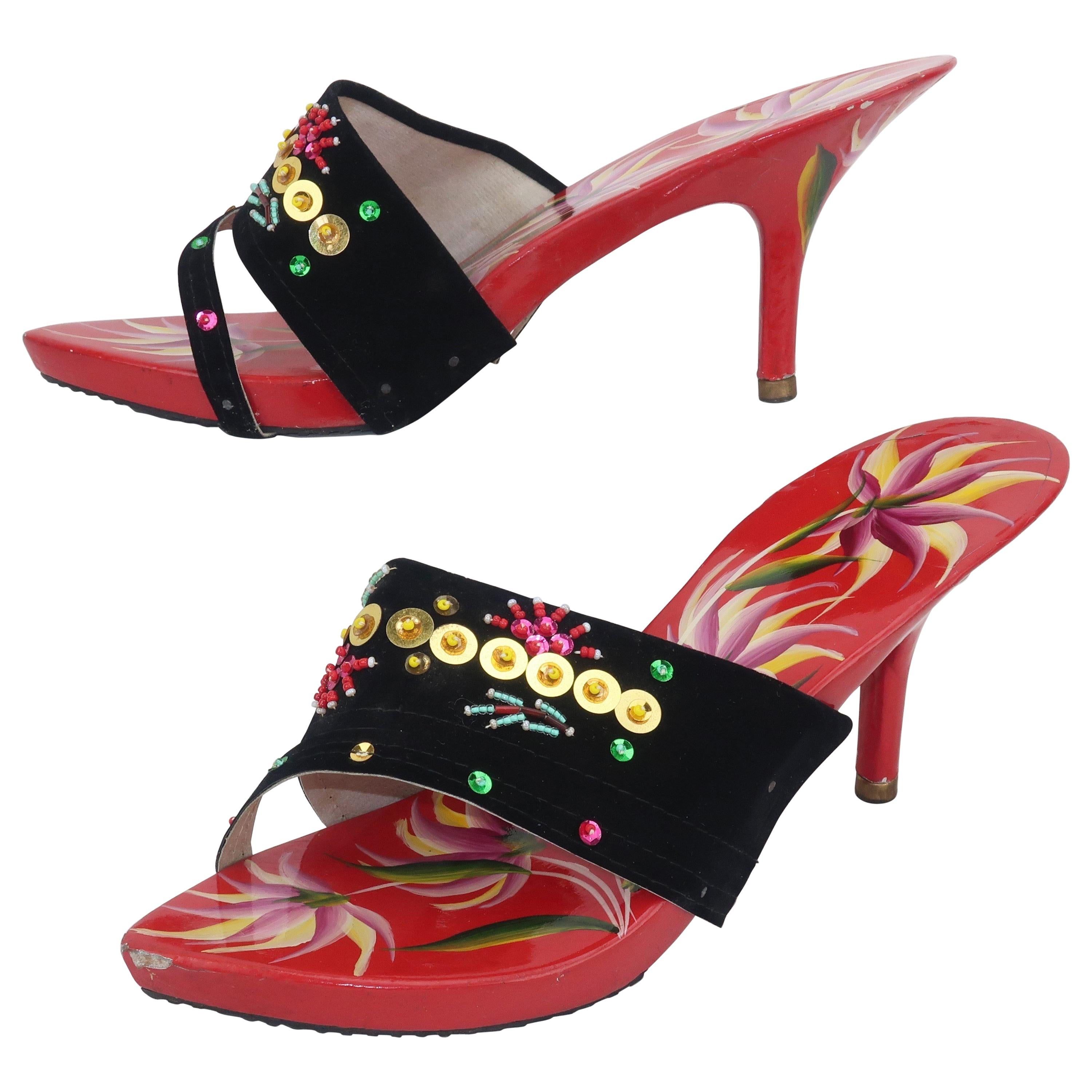 1950's Vietnamese Hand Painted Wooden Mules Shoes