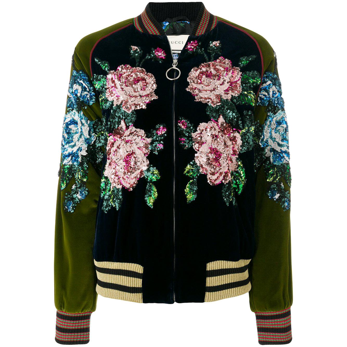 Gucci Sequin Embroidered Velour Bomber Jacket