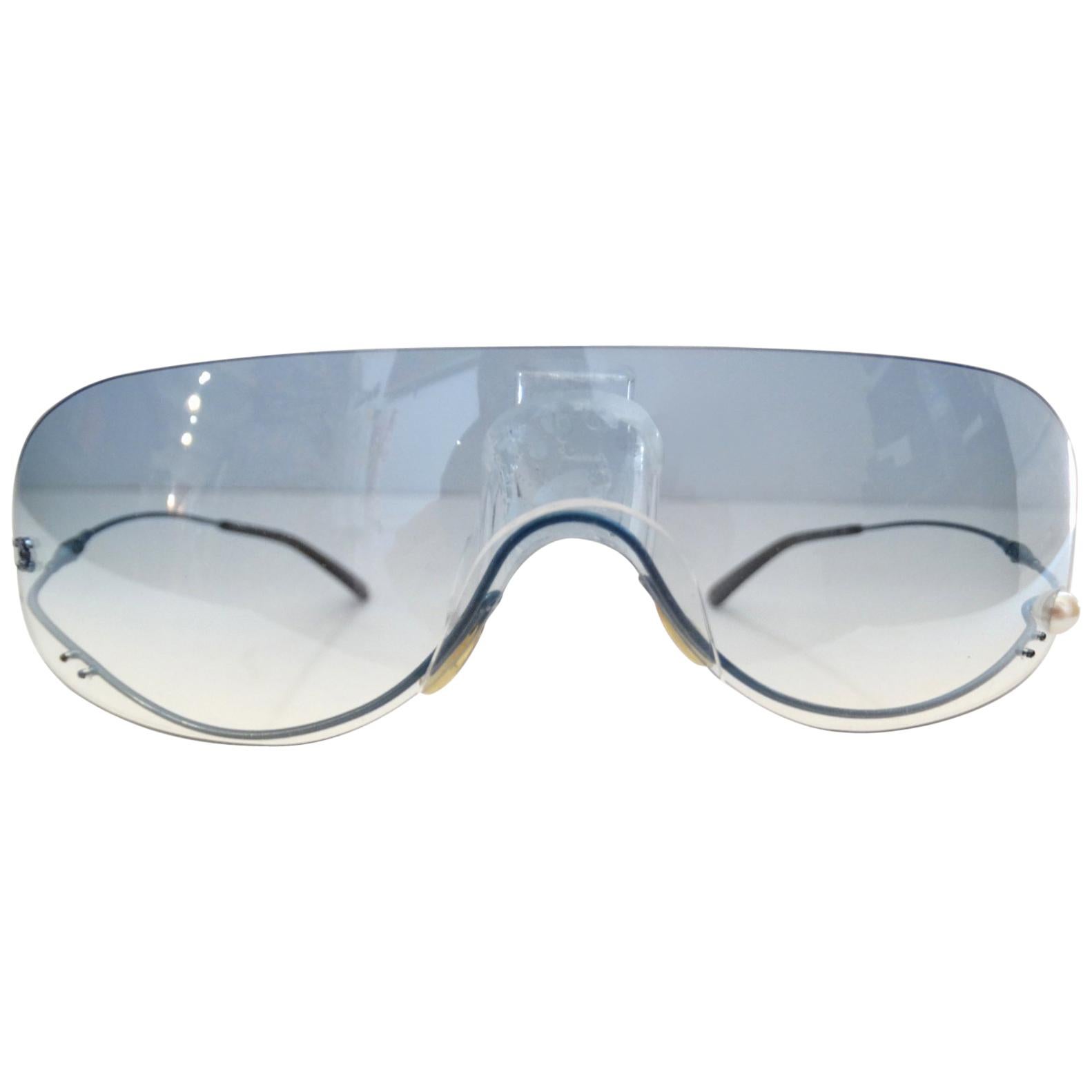 Chanel Blue Tinted Sunglasses with Silver Futuristic Frame, SS00