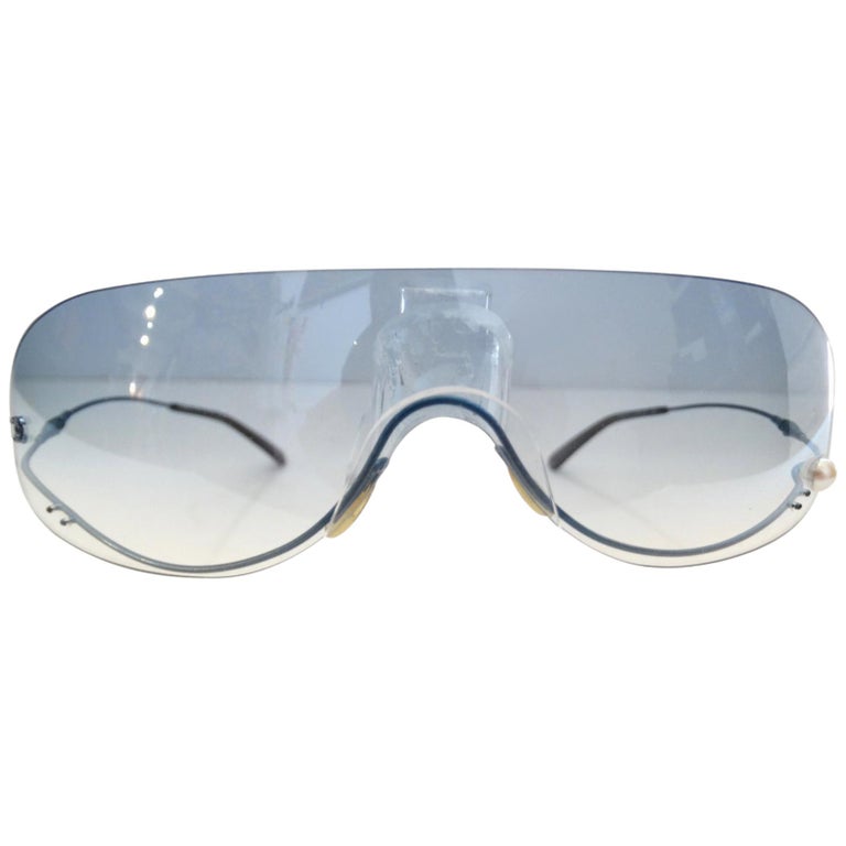 1990s Chanel Blue Rimless Shield Sunglasses at 1stDibs