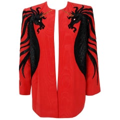 Vintage 1985 Bob Mackie Beaded Embroidered Unicorn Novelty Red Silk Surrealist Jacket 