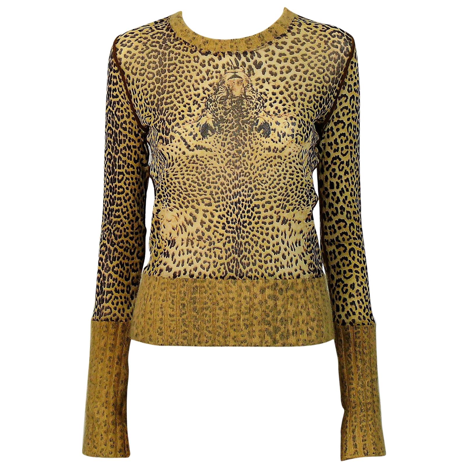 Jean Paul Gaultier Cheetah Print Long Sleeve Top with Angora Trim Size L