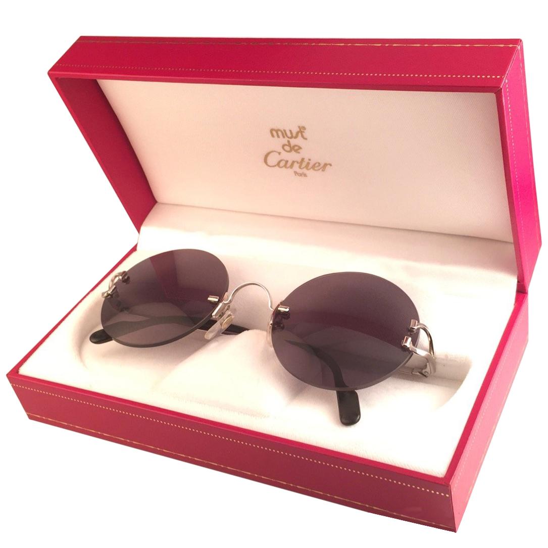 New Cartier Madison Round Rimless Platine 50mm Grey Lenses France Sunglasses