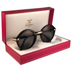 New Cartier Cabriolet Round Black & Gold 49MM 18K Gold Sunglasses France 1990's