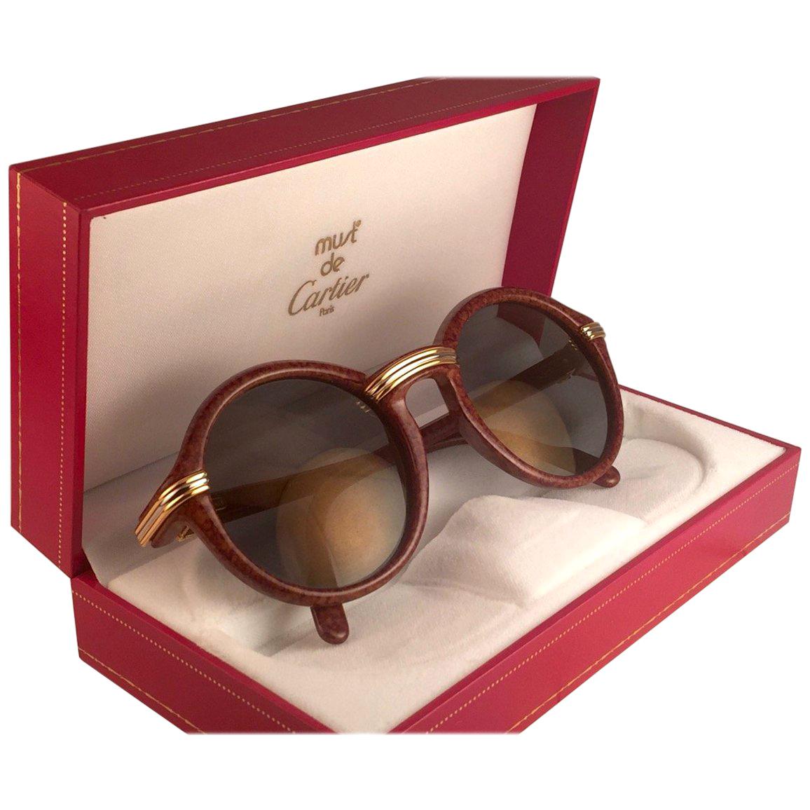 Cartier Cabriolet Round Brown 49MM Gold Sunglasses France, 1990s