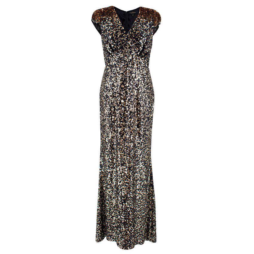 Jenny Packham Black & Gold Sequinned Silk Gown US 10