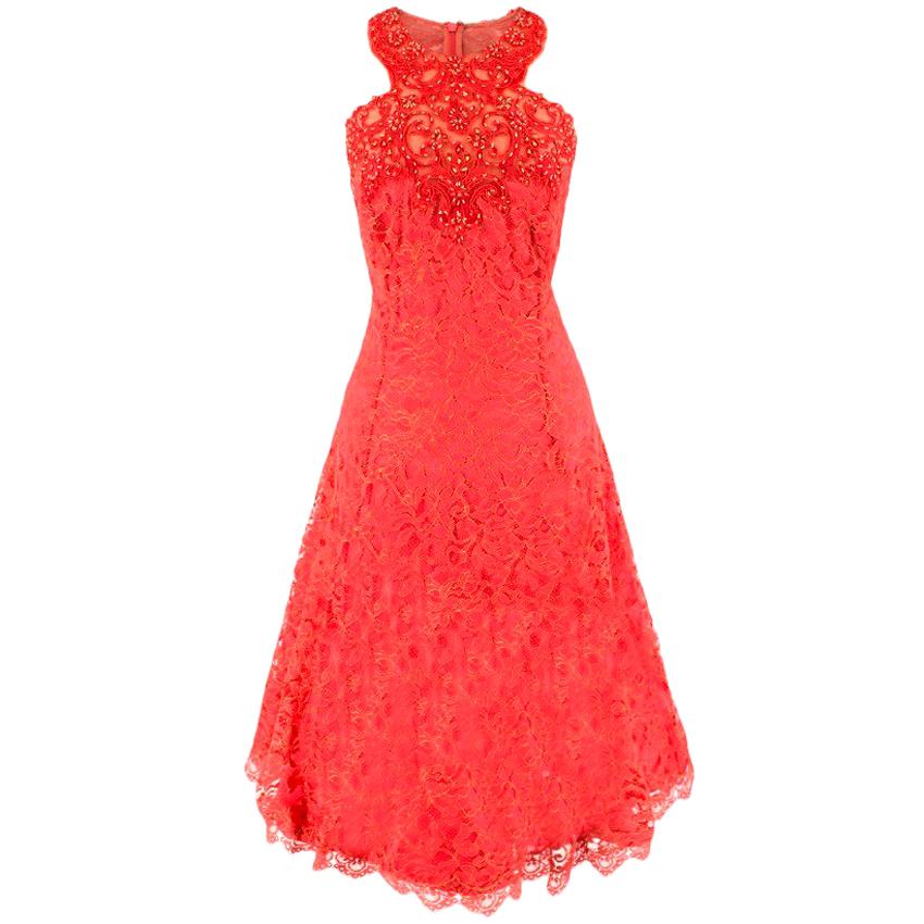 Marchesa Notte Red Lace Embellished Dress US 10
