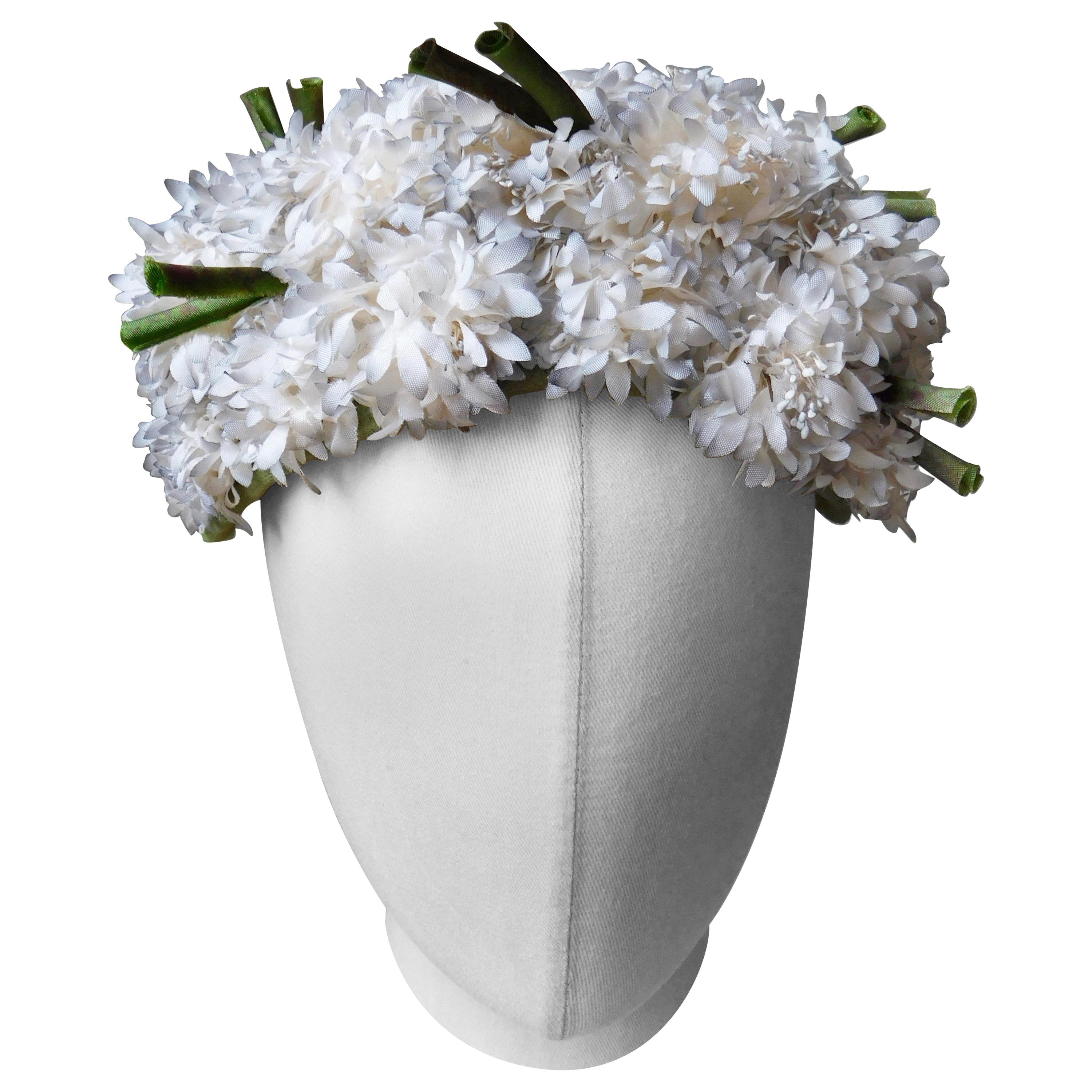 1960's Hat Fully covered in Small White Silk Flowers By Maison de Bonneterie