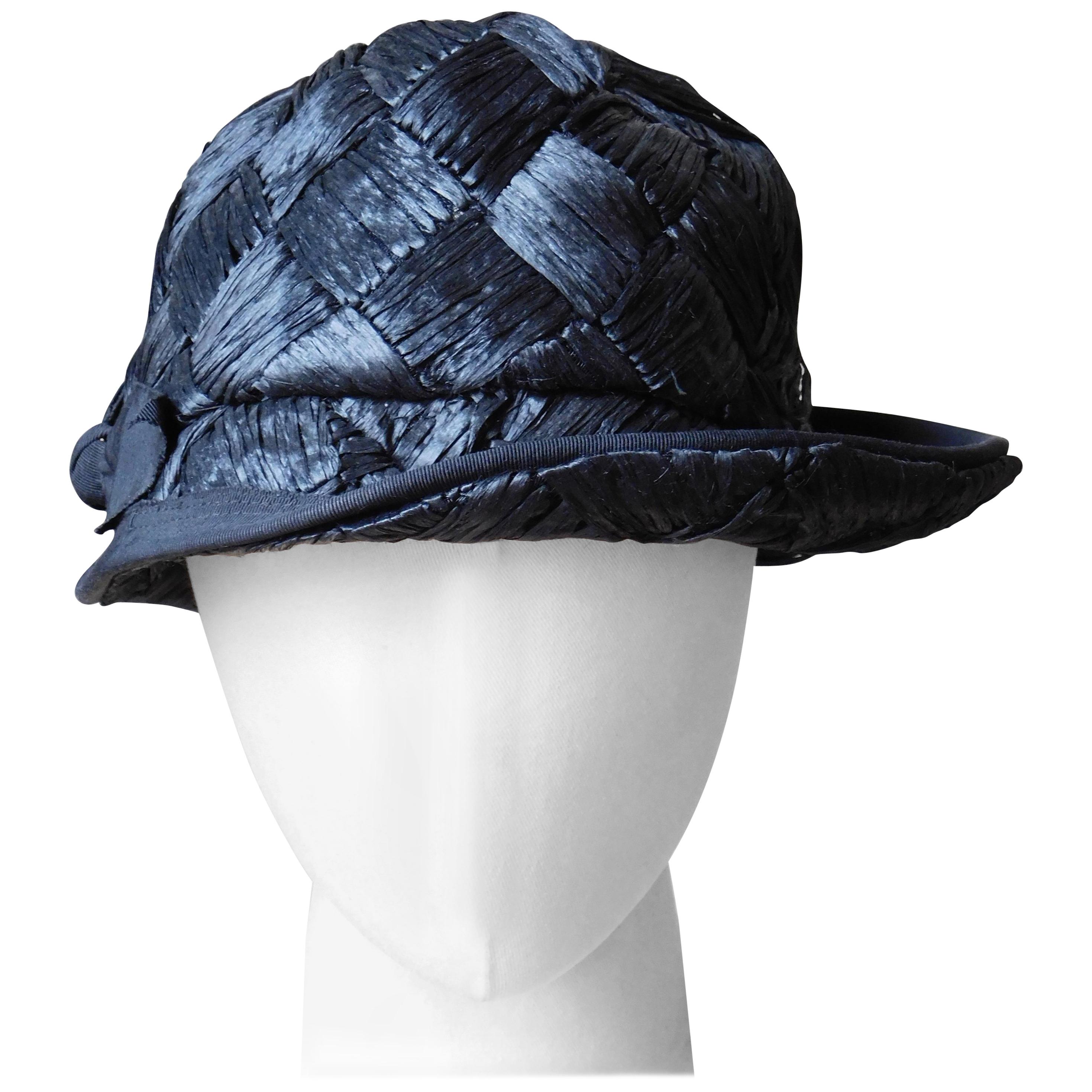  Asymmetrical 1940's Vintage Black Raffia Straw Hat  For Sale