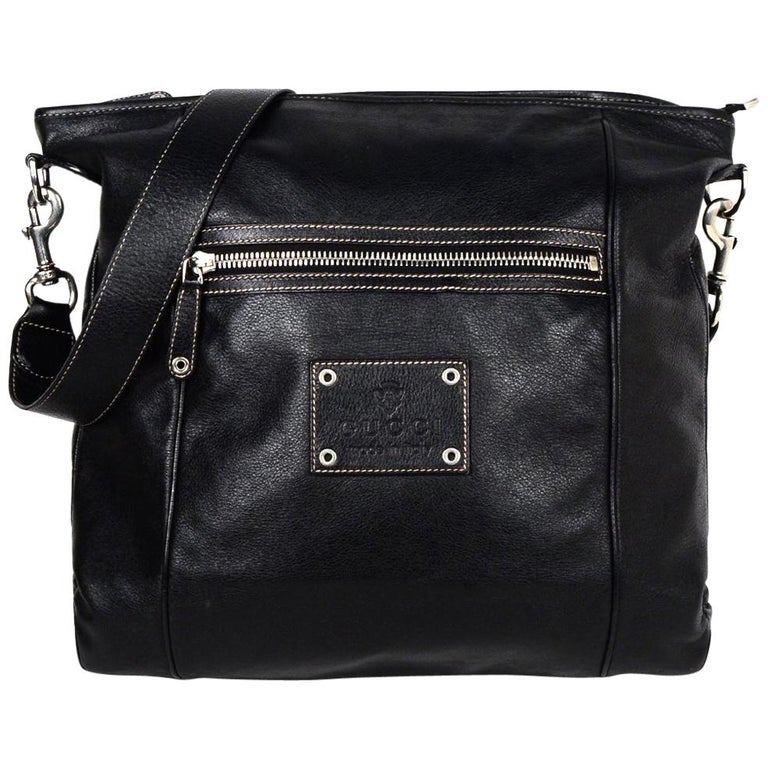 Gucci Black Leather Zip Top Shoulder/Messenger Bag For Sale at 1stDibs