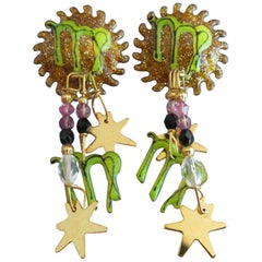 Vintage Estate LUNCH AT THE RITZ Enamel Celestial Sun Charm Dangle Earrings