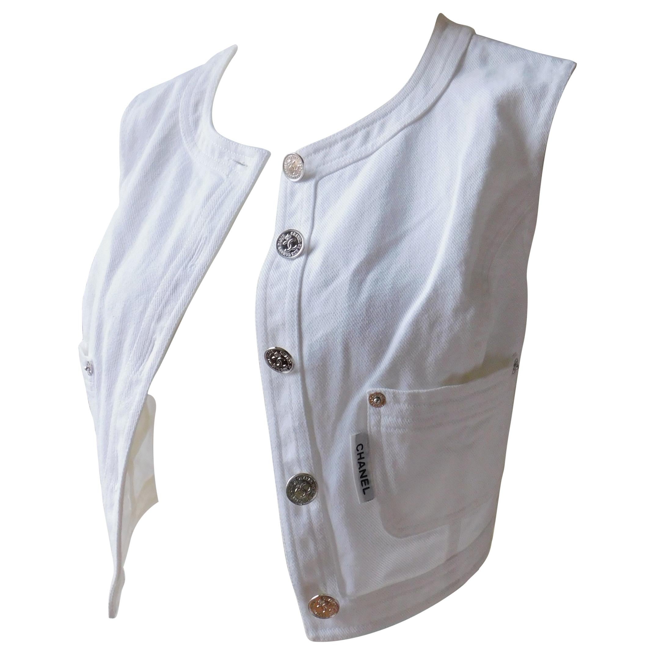 Chanel White Cotton Denim Vest with Silver Buttons