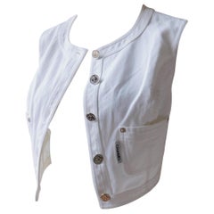 Retro Chanel White Cotton Denim Vest with Silver Buttons