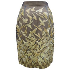 Gianfranco Ferre Italian Ocher Yellow Silk Skirt Hand Embroidered with Raffia