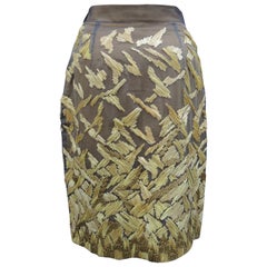 Gianfranco Ferre Italian Ocher Yellow Silk Skirt Hand Embroidered with Raffia 