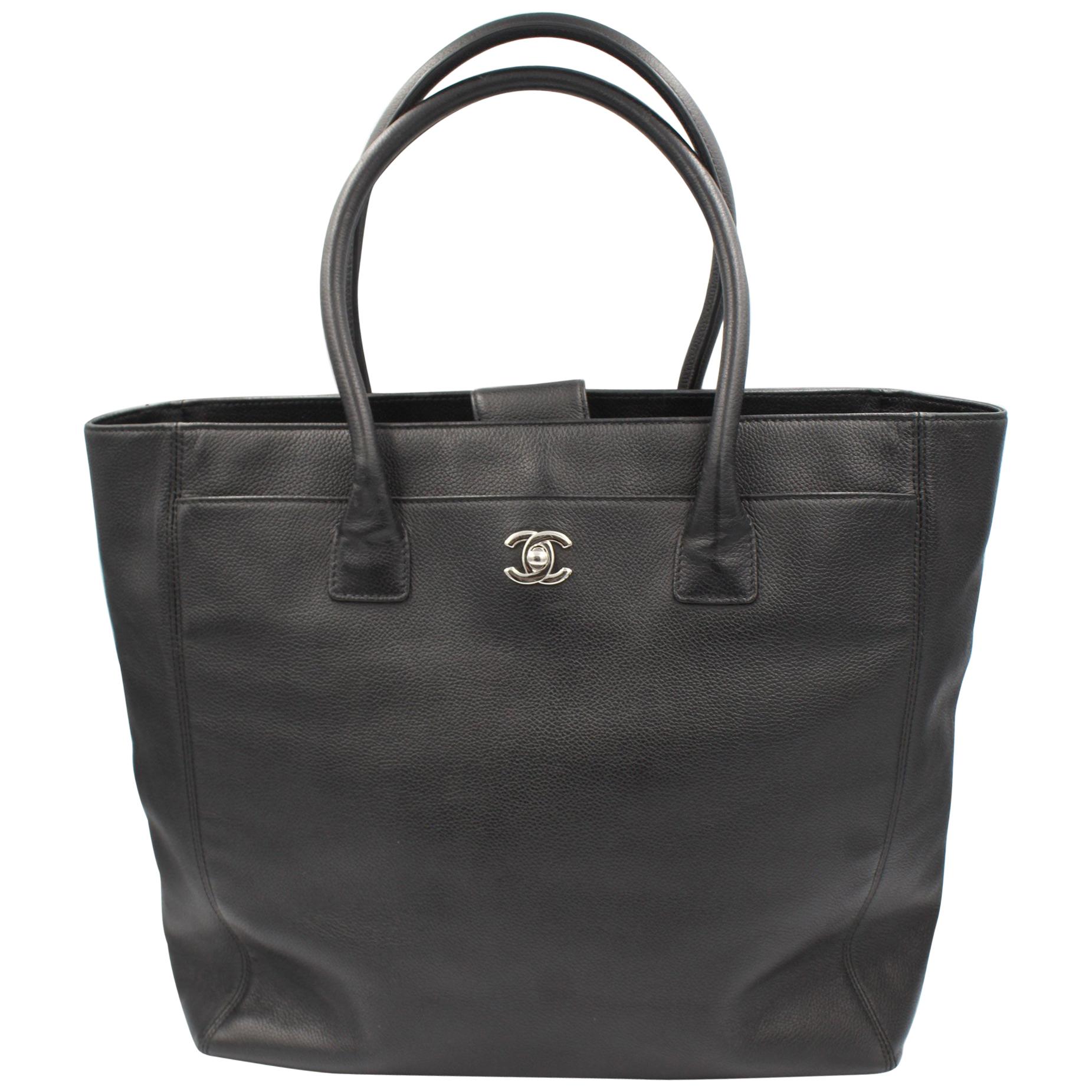 Chanel Tote Black Grained Letaher Bag and Silver Hardware