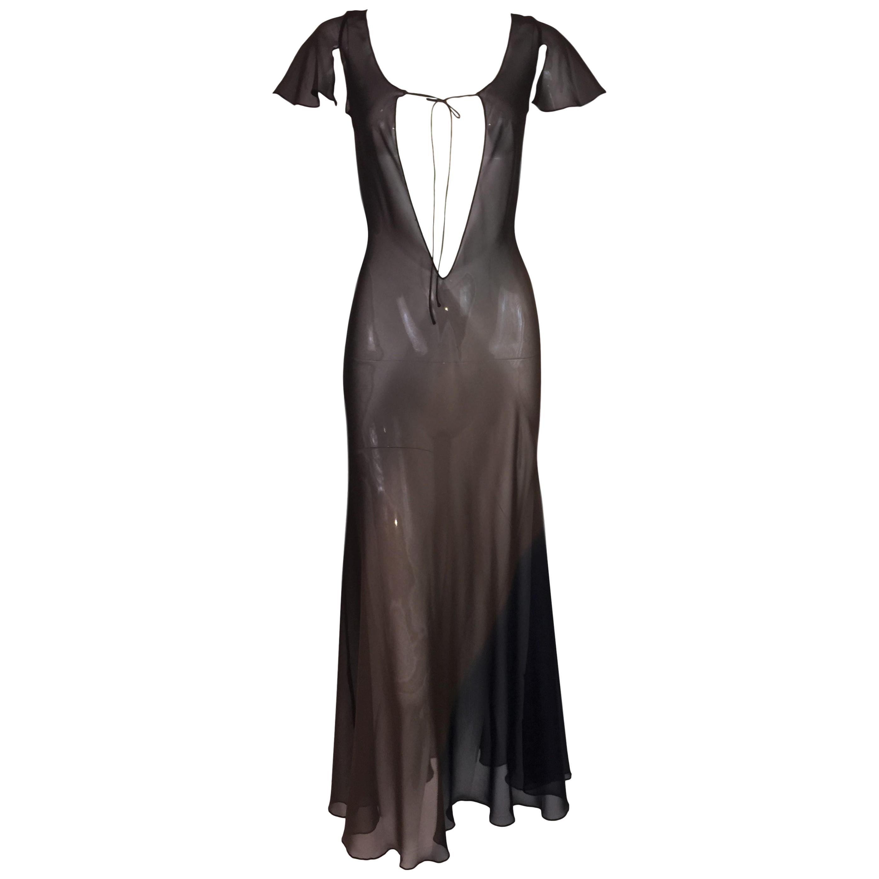 1997 Gucci by Tom Ford Sheer Silk Brown Blue Ombre Plunging Dress