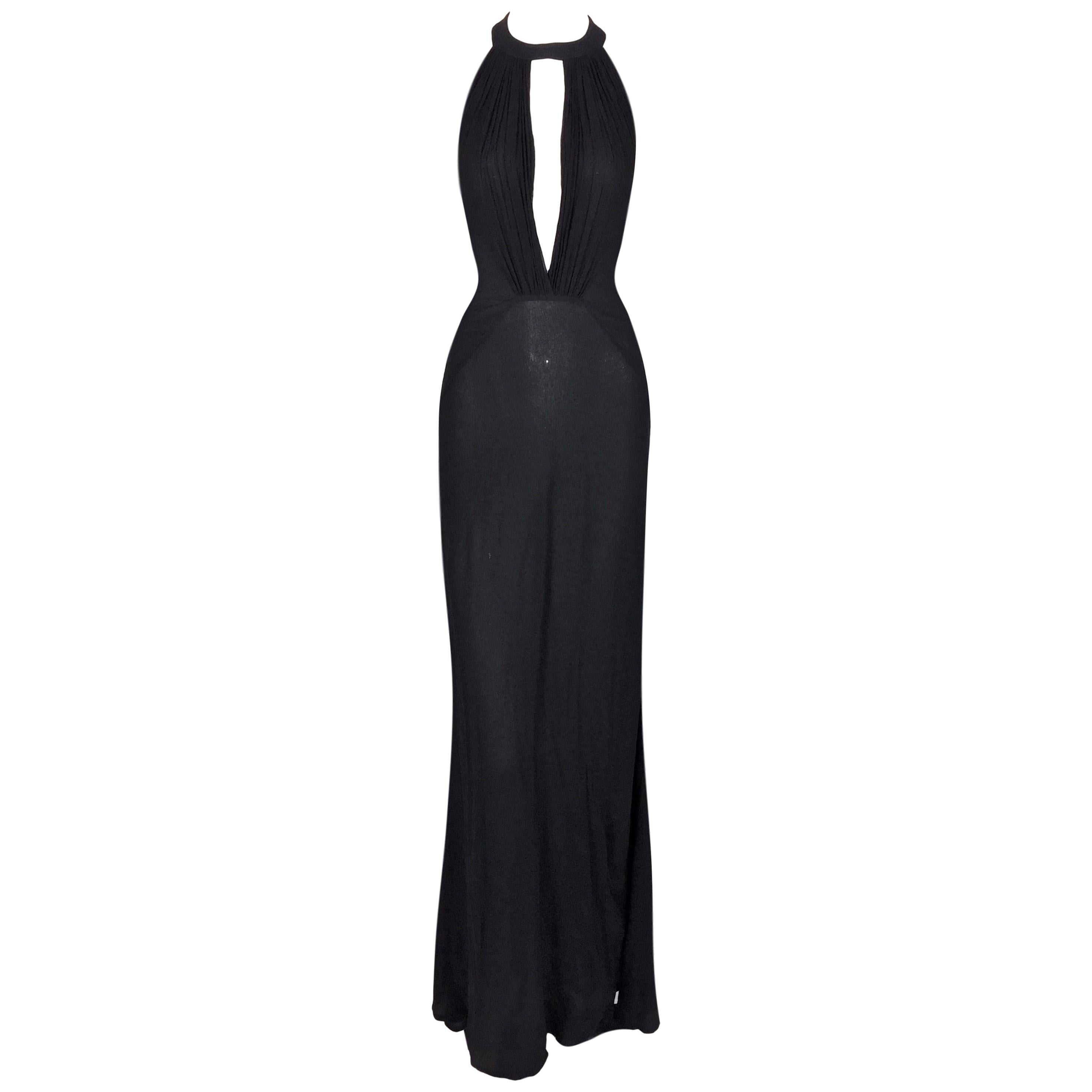 C. 2000 Gianni Versace Sheer Black Silk Plunging Grecian Gown Dress