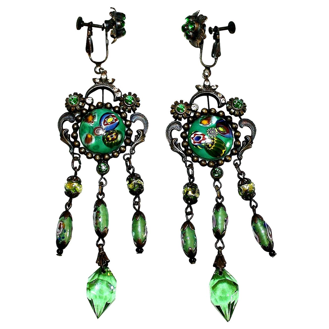Green Czech Glass Long Dangling Chandelier Earrings With Screw-Clip Back For Sale