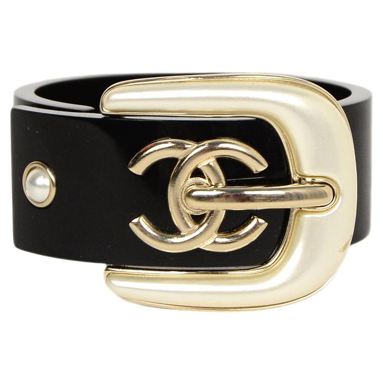 Chanel 2019 Black Resin CC Pearl Buckle Cuff Bracelet