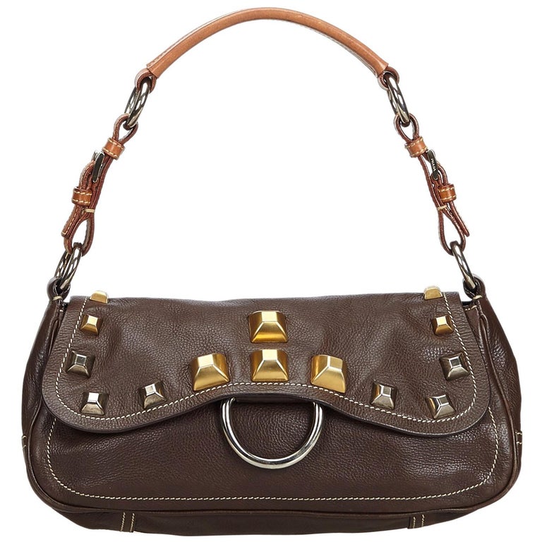 Prada Brown Studded Leather Shoulder Bag For Sale at 1stdibs