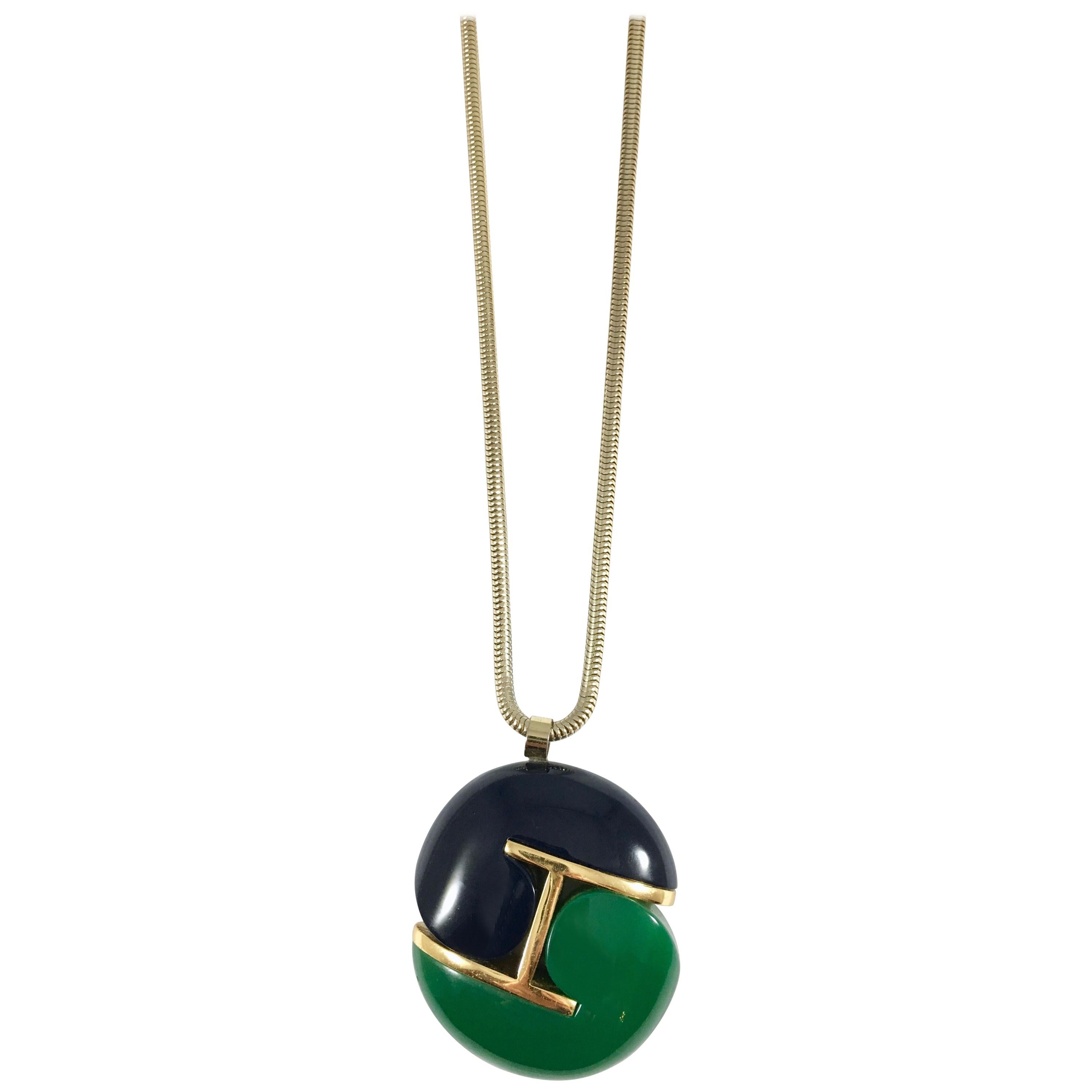 Lanvin Navy and Green Modernist Pendant Necklace 1970s