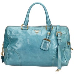 Prada Blue Vitello Grain Leather Two Way Top Handle Bag For Sale at 1stdibs