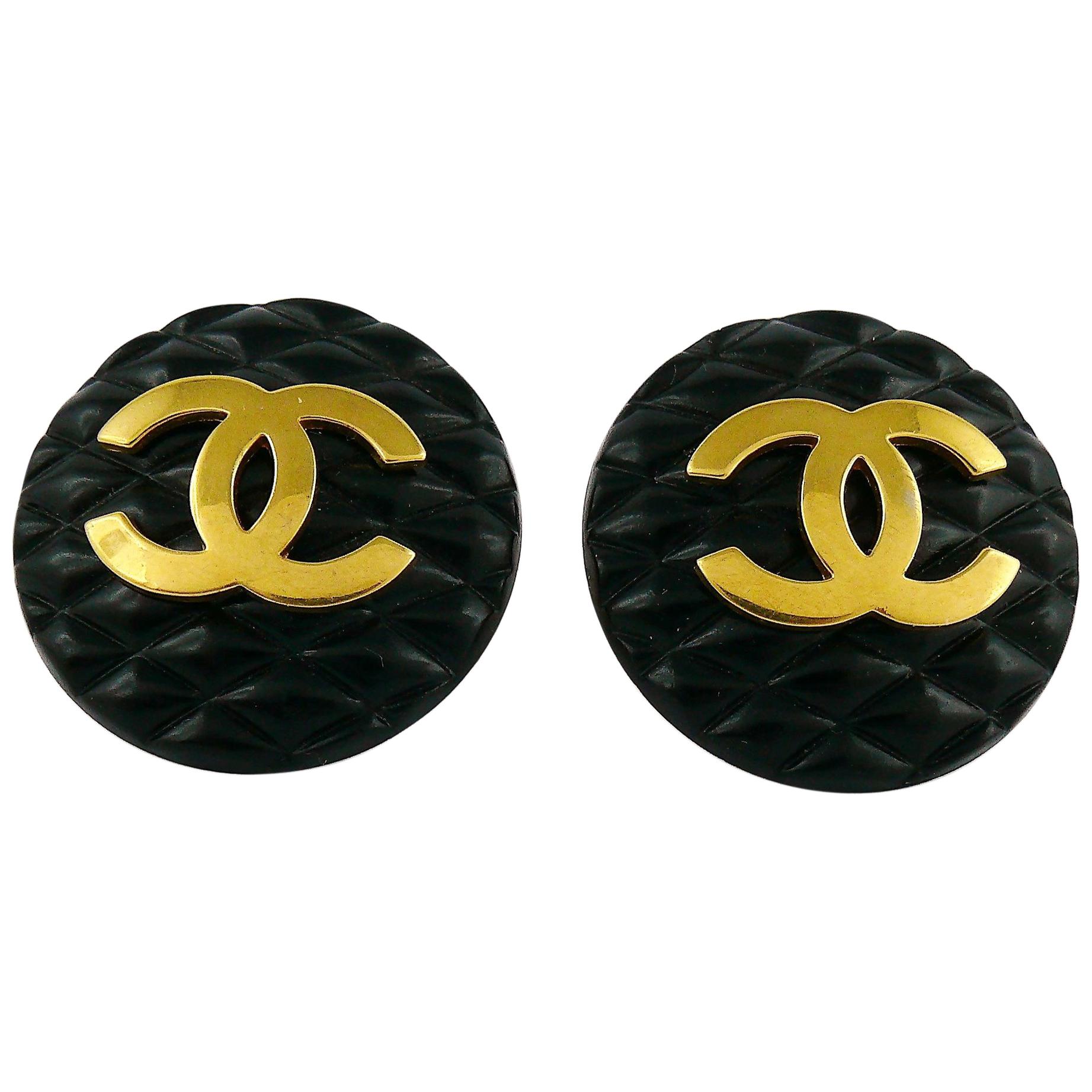 Chanel Vintage 1990s Large Black Quilted Logo Clip-On Earrings