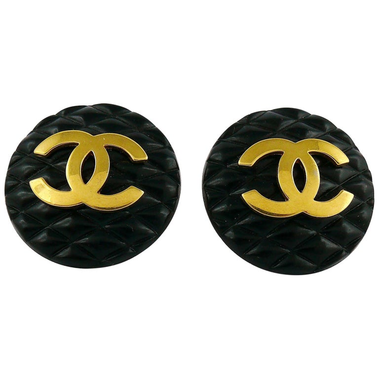 Chanel Vintage 1990s Large Black Quilted Logo Clip-On Earrings at