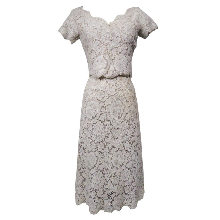 A Dior/ Bohan Couture Cream Lace Dress and Bolero numbered 94445 Circa 1965 For Sale