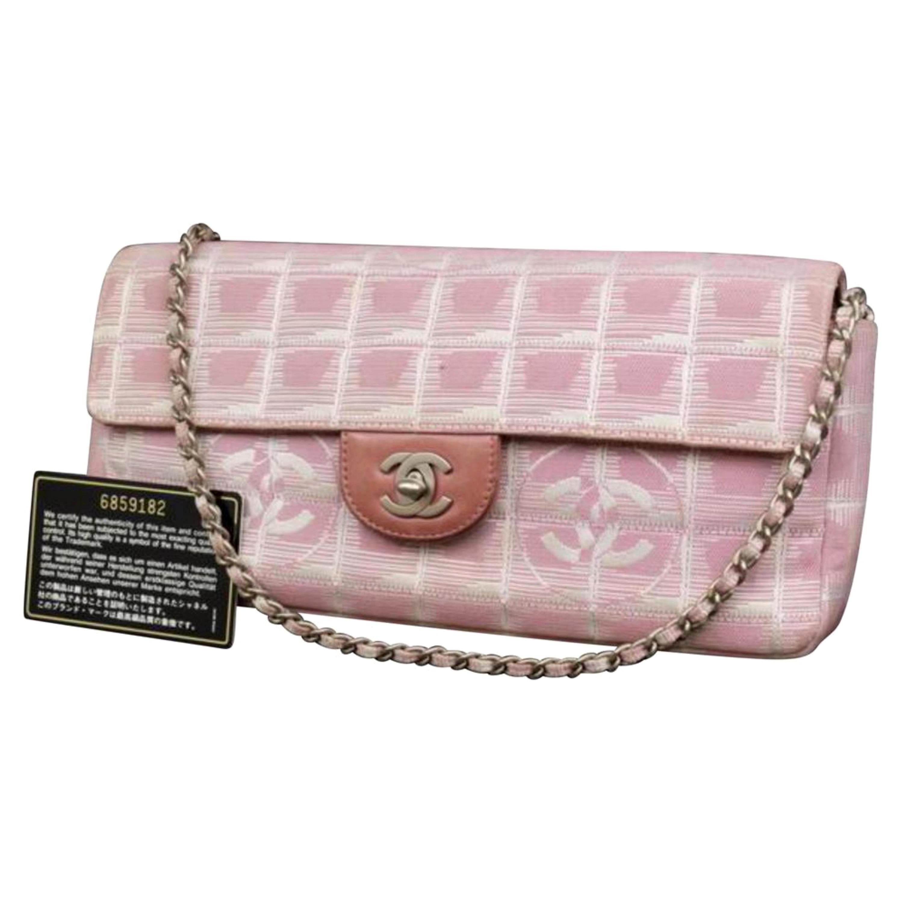 Chanel East West Quilted New Line Flap 230050 Pink Canvas Shoulder Bag For Sale