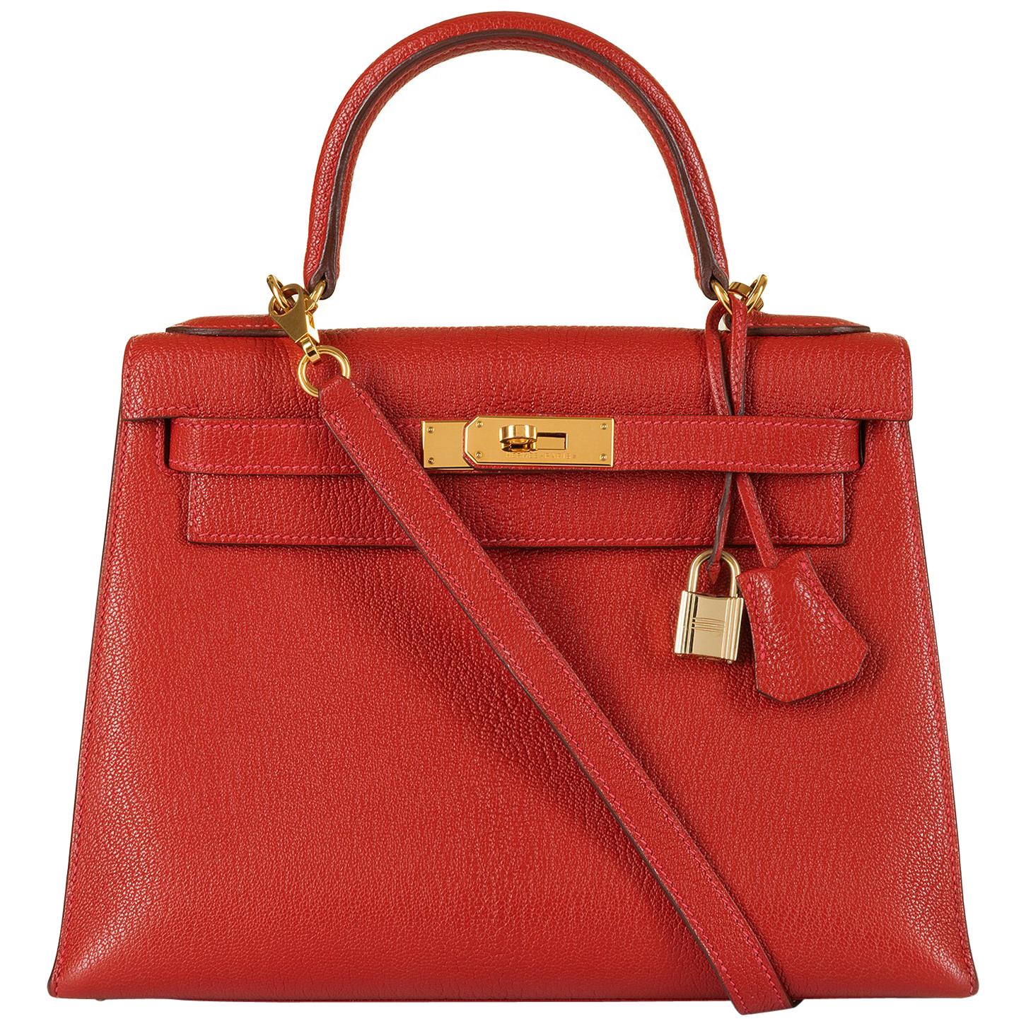 Hermes Kelly 28cm in rare Chevre Mysore - Rouge 'H' Leather with Gold Hardware