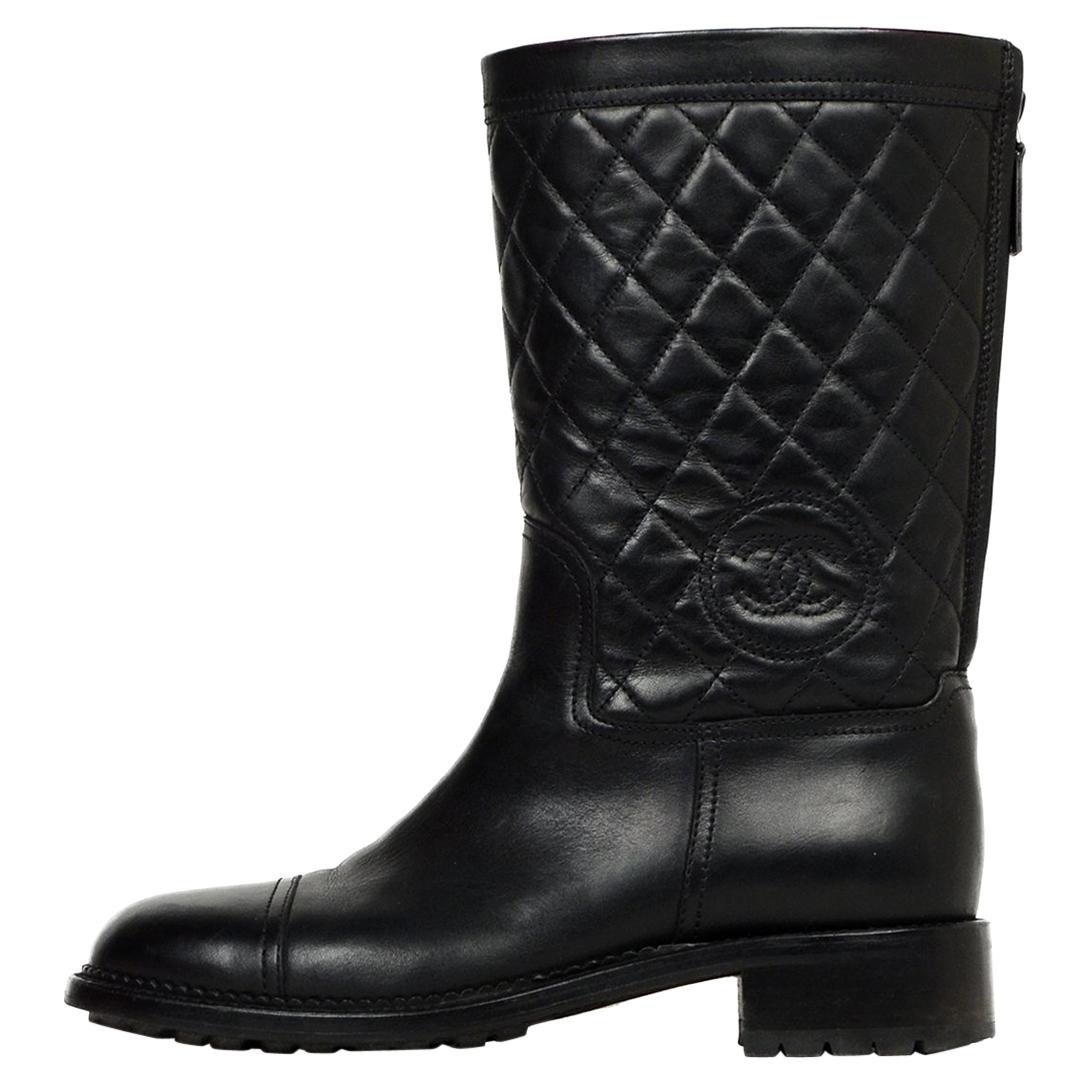 Chanel Black Leather Quilted CC Biker Boots Sz 40