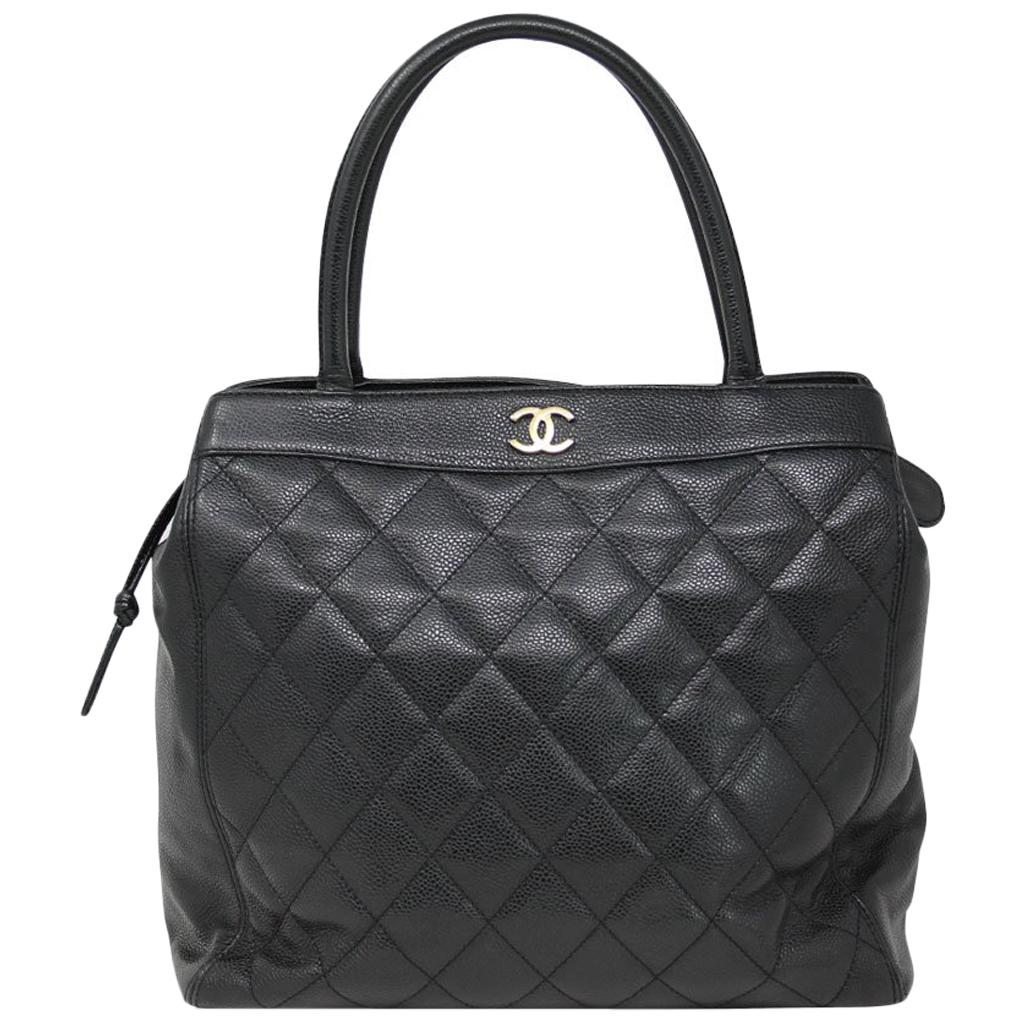Chanel Black Caviar Quilted Top Handle GHW Tote Bag Purse