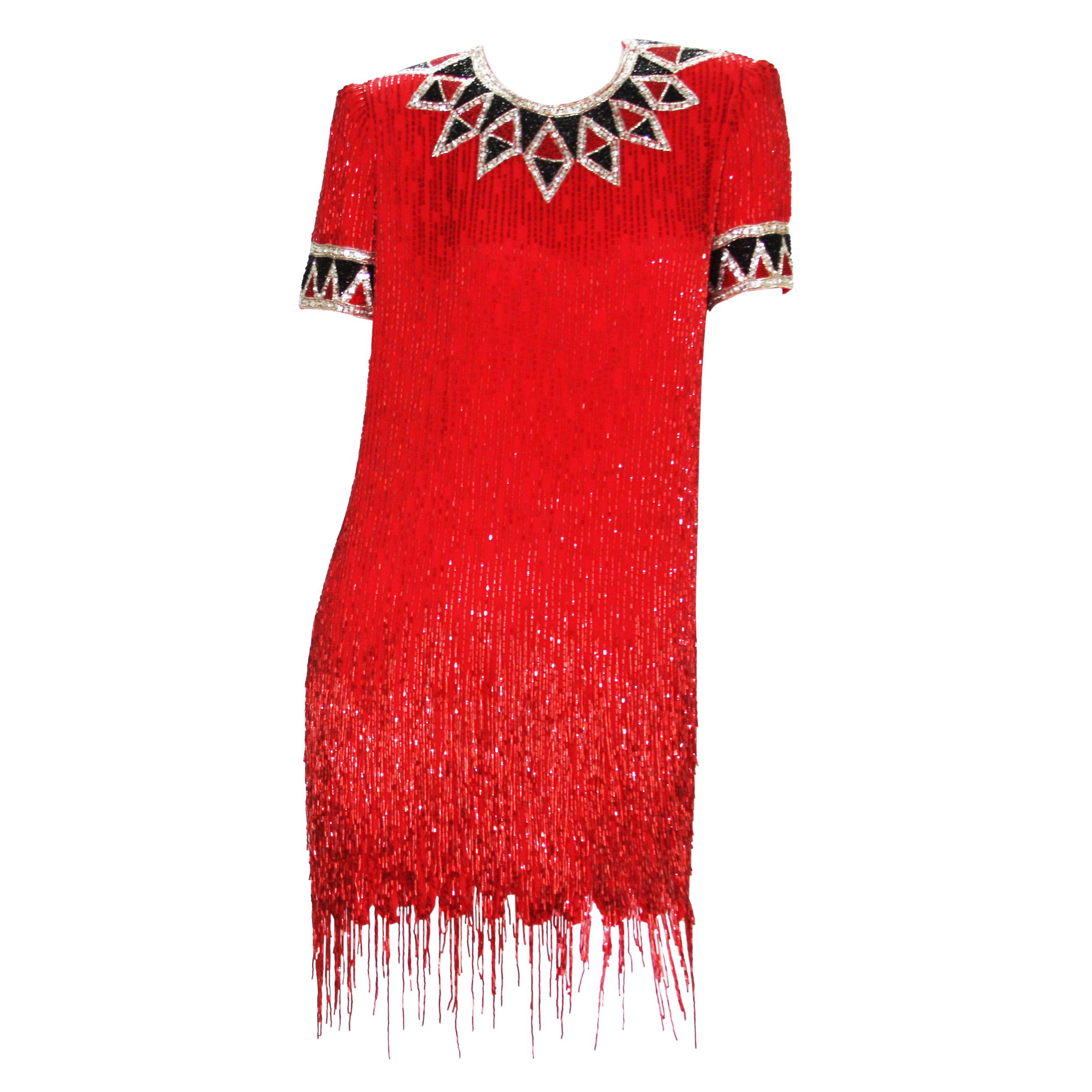 Vintage Bob Mackie 80-s Red Fully Beaded Fringe Cocktail Dress US 4 and 8 For Sale