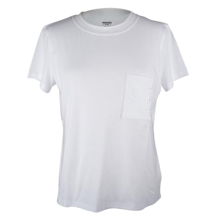 Hermes T-Shirt Women's Whte Embroidered Pocket 42 nwt For Sale at 1stDibs | hermes white t hermes shirt womens, hermes t shirt women's