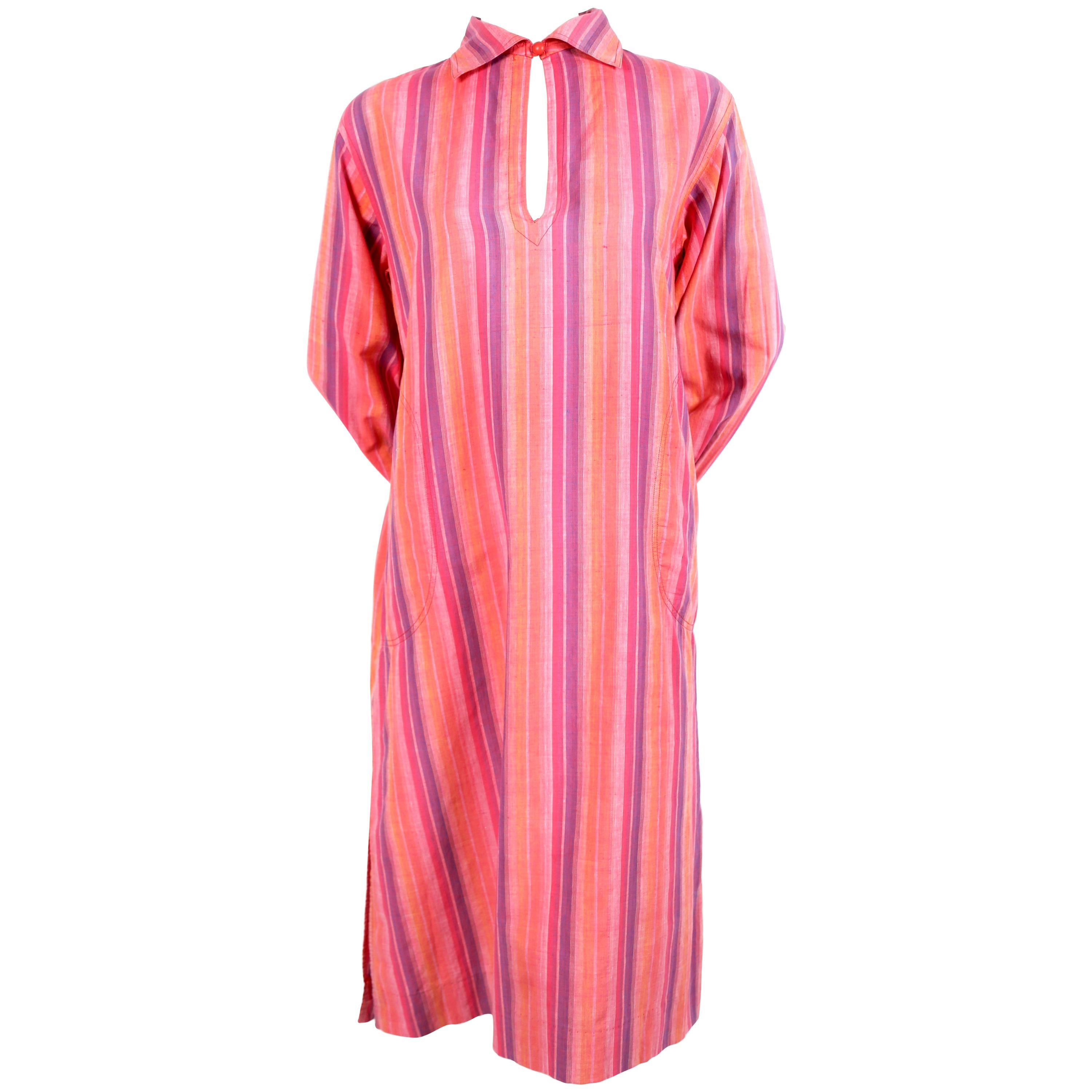 1970's YVES SAINT LAURENT fuchsia striped cotton dress