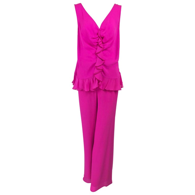 Escada Hot Pink Silk Crepe Pant Set  44 For Sale