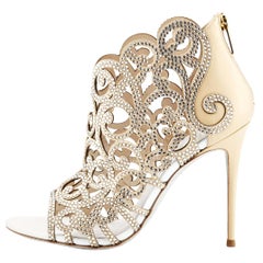 New Rene Caovilla Beige Scroll Laser-Cut Swarovski Crystals Shoes Bootie 37.5