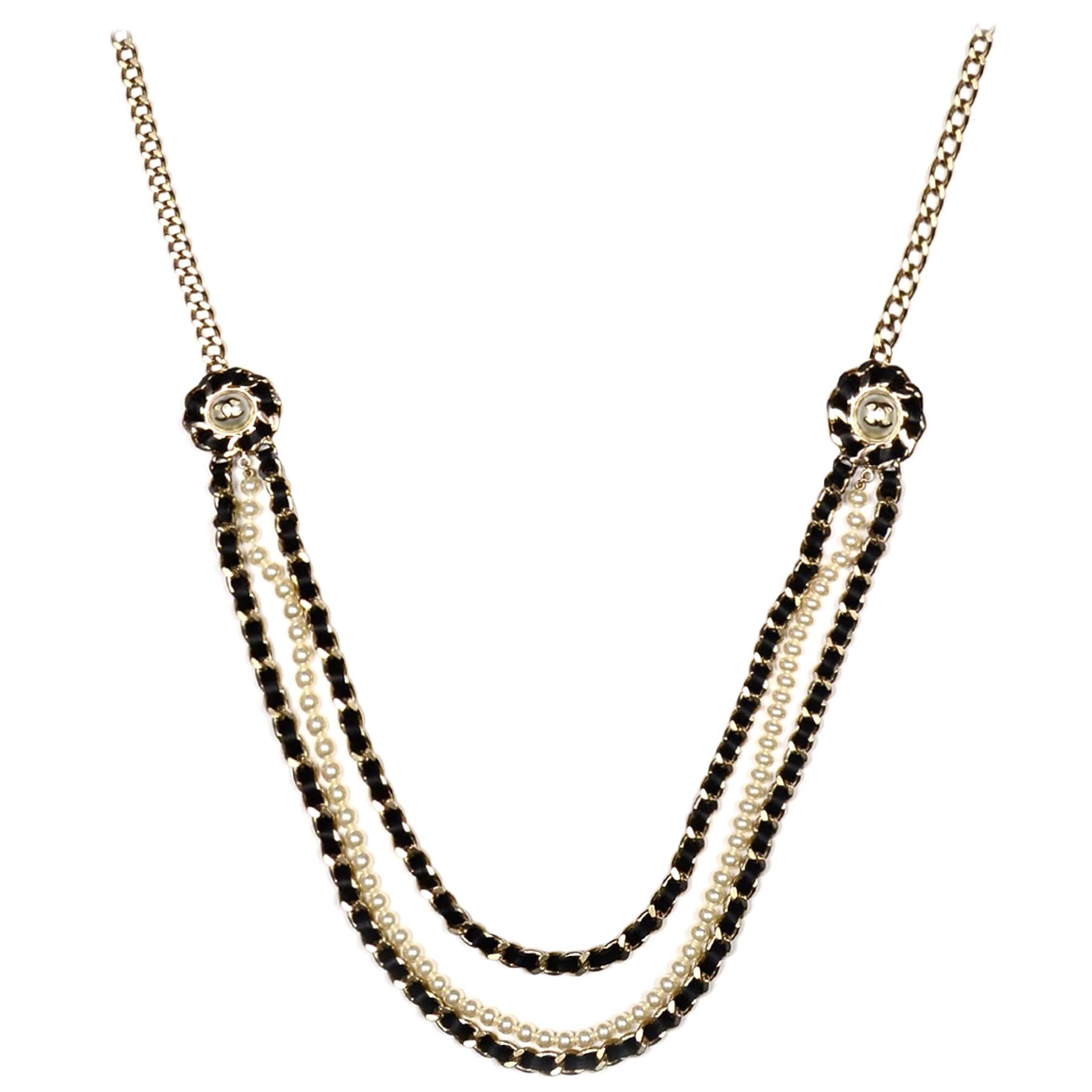 Chanel 2018 Pale Goldtone Multistrand Leather Lace/Faux Pearl CC Necklace