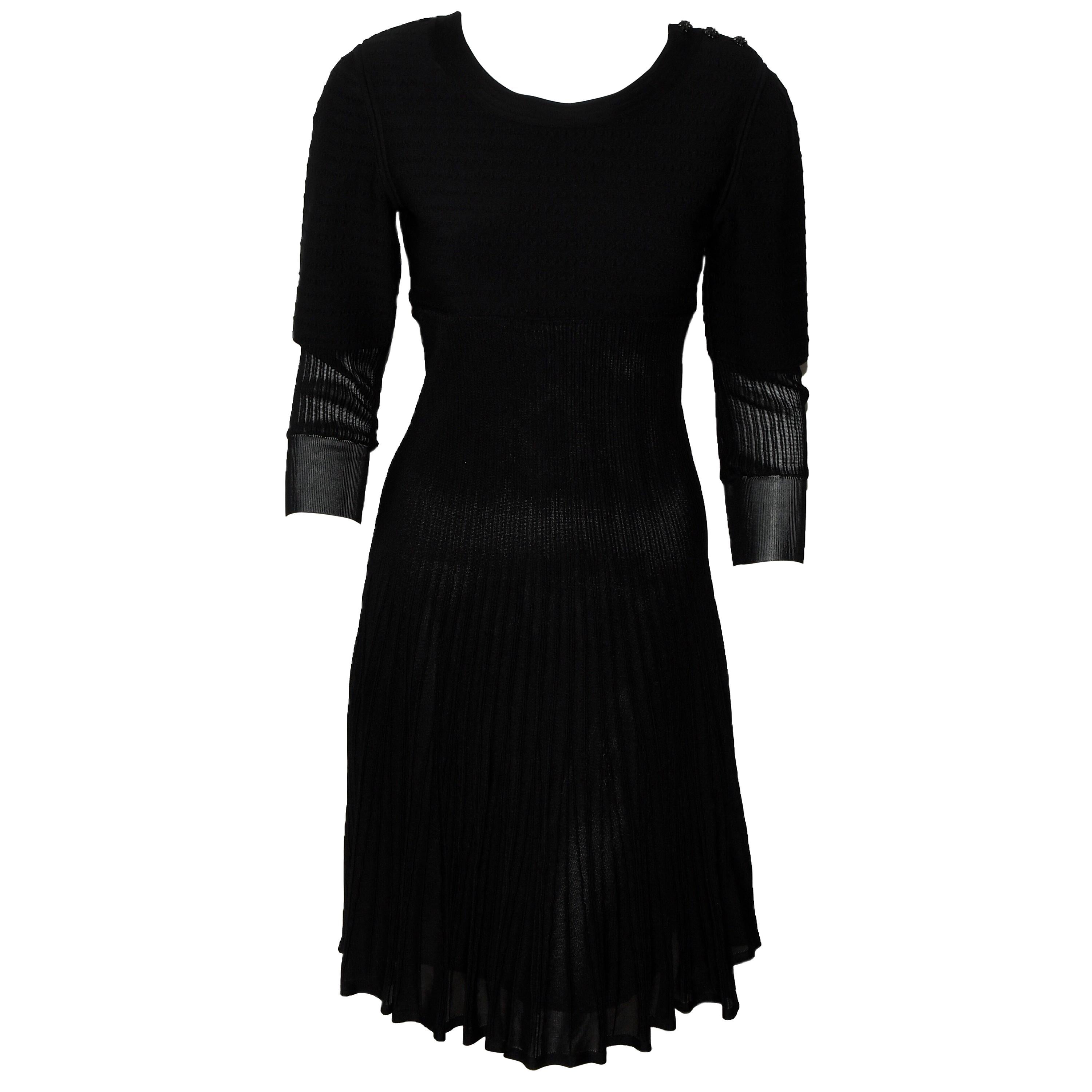 Chanel Black Knit Silk Blend Pleated Long Sleeve Dress 2009 Cruise Collection