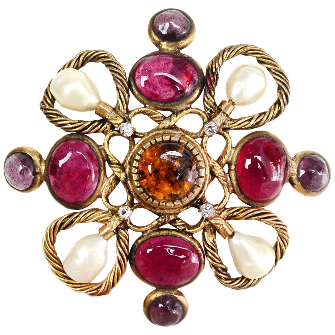 Chanel Vintage Faux Pearls & Amber/Pink/Amethyst Gripoix Brooch Pin