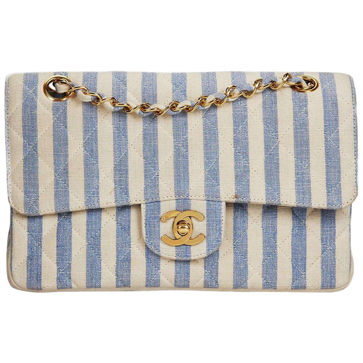 Chanel Vintage 90s Striped Rare Blue and White Linen & Cotton Classic Flap Bag