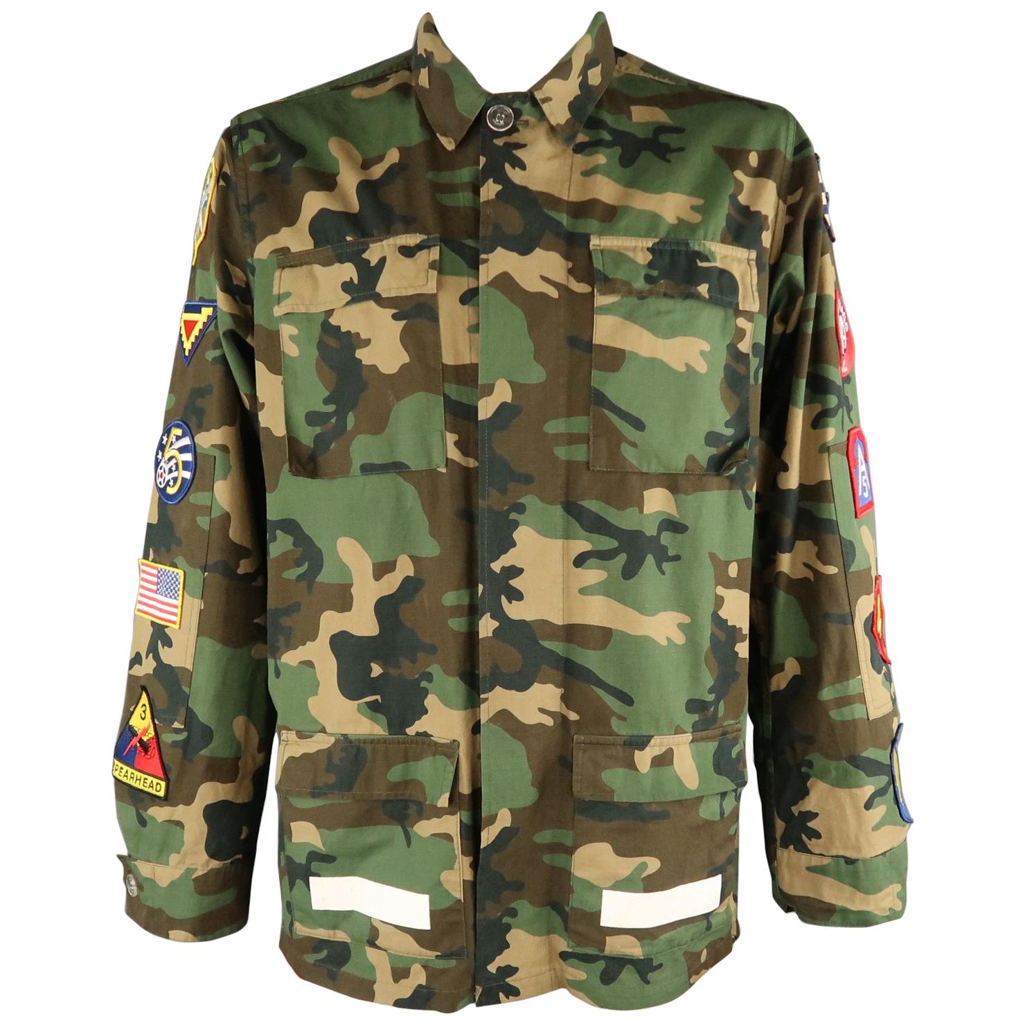 Men's OFF-WHITE L Green Camouflage Patches 2013 Military Jacket
