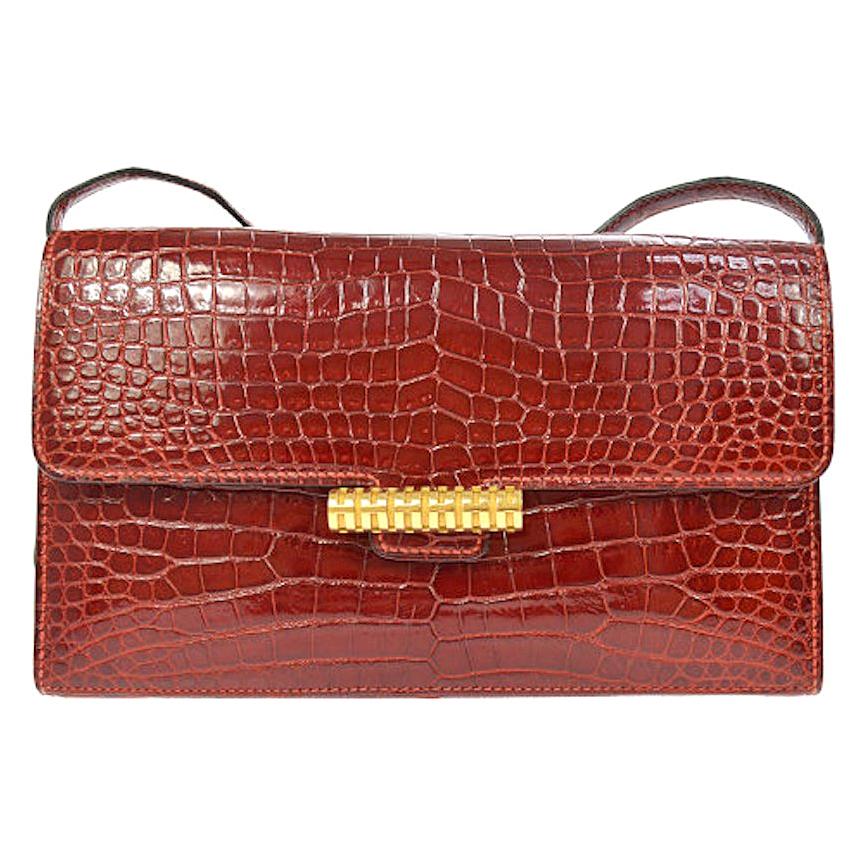 Hermes Red Crocodile Leather Gold 2 in 1 Evening Clutch Shoulder Flap Bag in Box