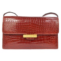 Vintage Hermes Red Crocodile Leather Gold 2 in 1 Evening Clutch Shoulder Flap Bag in Box