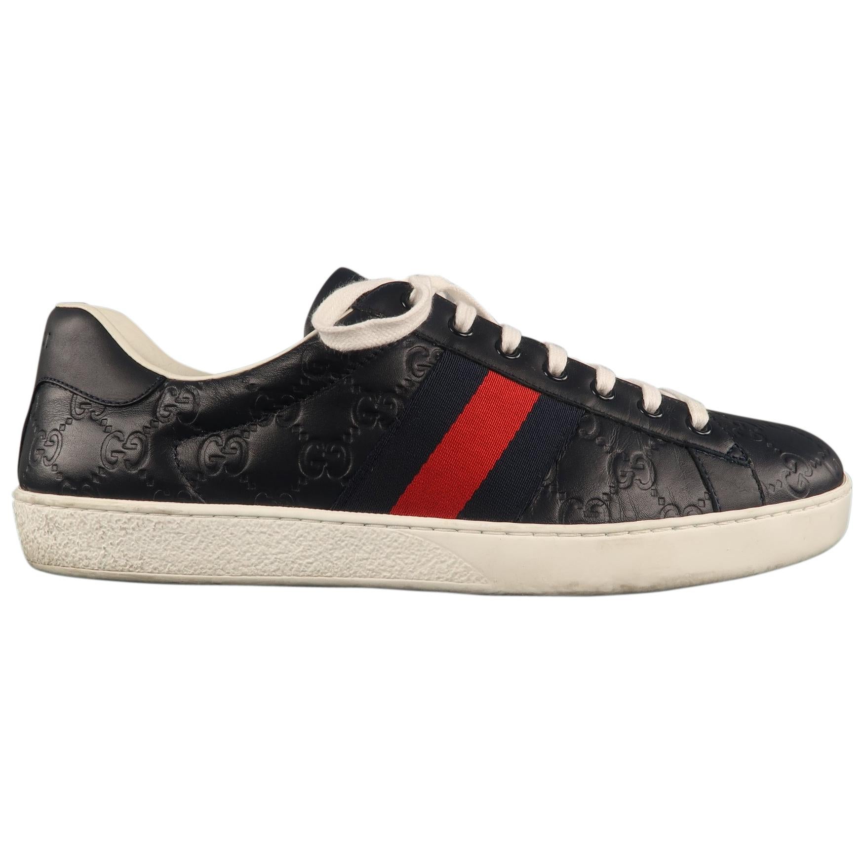 Men's GUCCI ACE Size 11 Navy Monogram Leather Lace Up Sneakers at ...